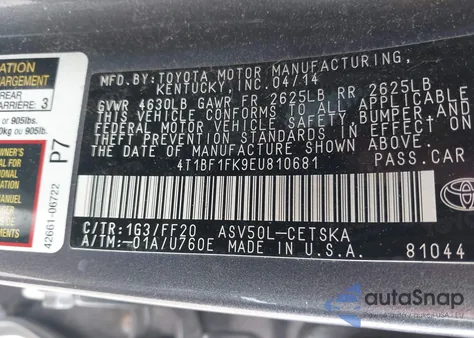 2014 Toyota Camry Se from USA, damaged, VIN 4T1BF1FK9EU810681